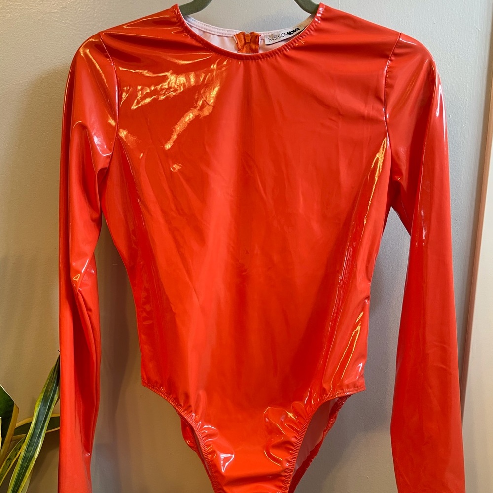 Fashion Nova Neon Orange Faux Latex Jumpsuit | M